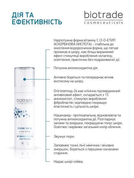 BIOTRADE PURE SKIN СИРОВАТКА З ВІТАМІНОМ С 15% ТА ПЕПТИДАМИ ДЛЯ СЯЯННЯ ШКІРИ 3800221842246 фото